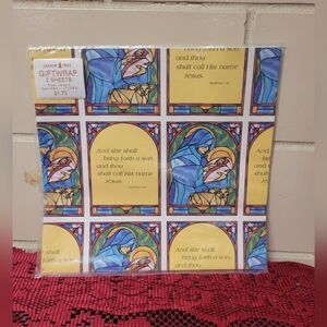 NWT NOS Leanin' Tree Religious Mary Baby Jesus Stained Glass Gift Wrap Sheets